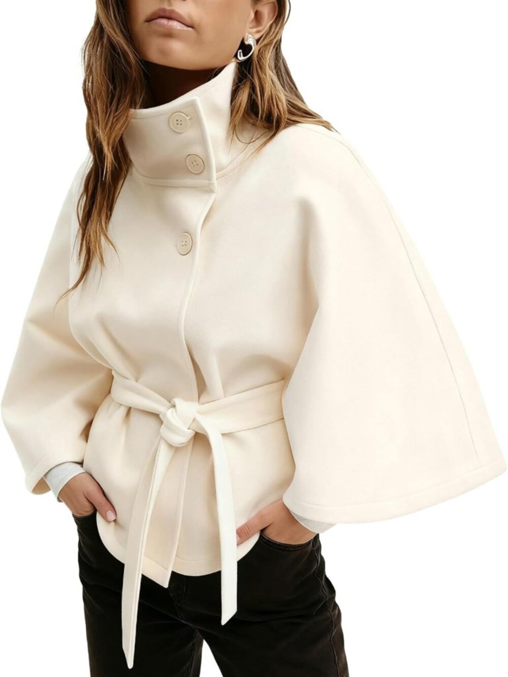 Elegant Women's Batwing Sleeve Poncho Coat - Trendy Fall Cape Jacket with Belt